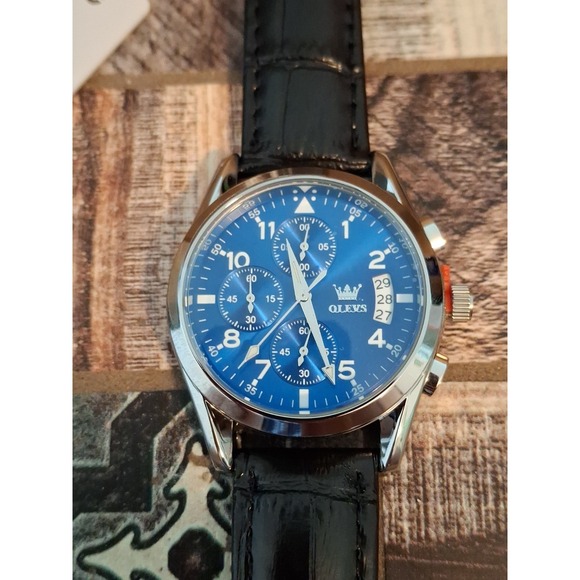 Olevs Other - NIB OLEVS 2878G Silvertone Mens Chrono Watch,Date,Black Leather Band,Quartz Mvmt